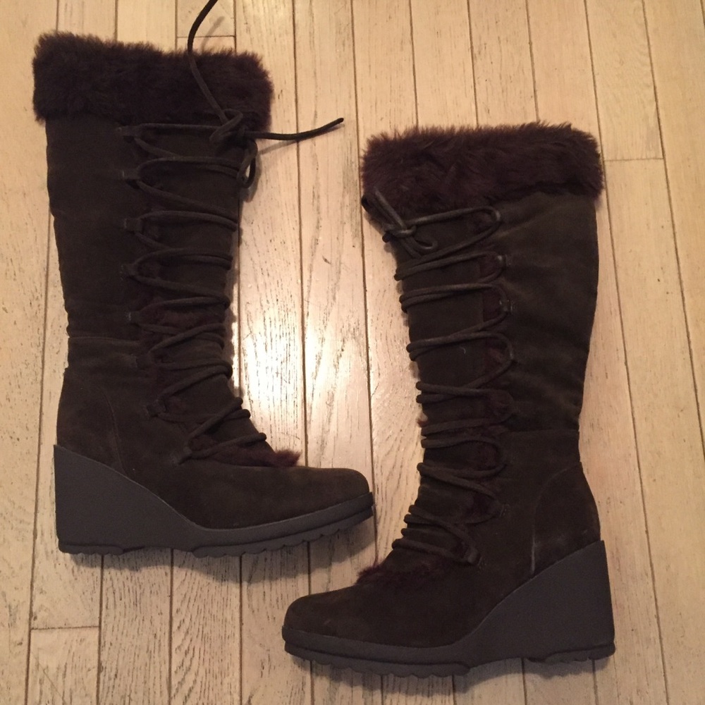 Brown Suede Lace Up Fur Wedge Boots